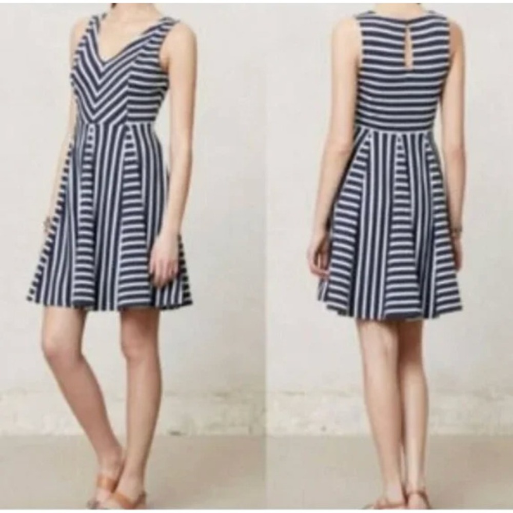 Anthropologie Sz S Saturday Sunday‎ Striped Fit and Flare Dress Navy Mint V-Neck